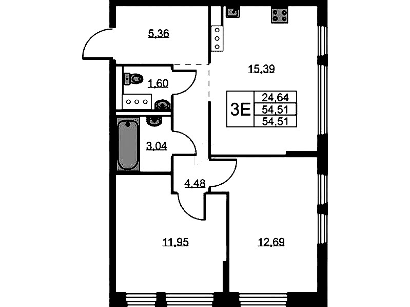 2-комнатная квартира 54.51 м², 2/11 эт., ЖК «Новое Колпино»
